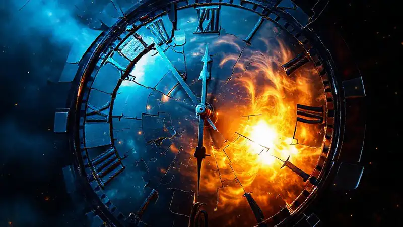 Un reloj roto refleja un caos cósmico